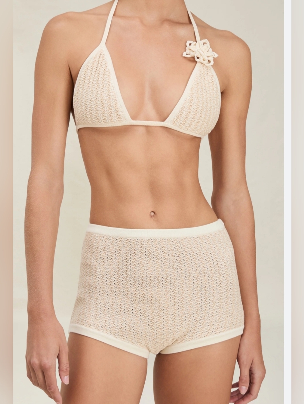 Free People Cream Crochet Triangle Bikini Top & High-Waist Shorts